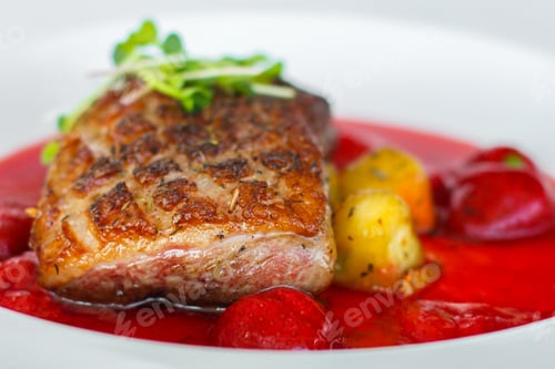 Preview: Fried Duck Breast With Berry Sauce And Vegetables (Main Dish). Food Background. Top