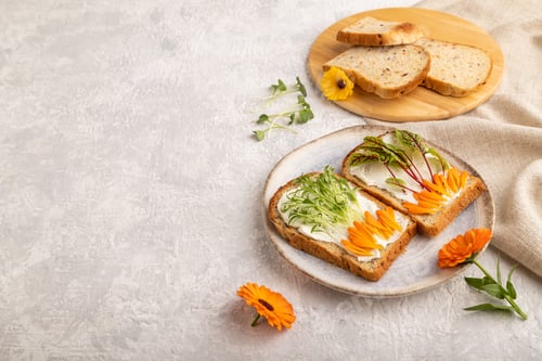 Preview: White bread sandwiches with cream cheese, calendula petals and microgreen on gray