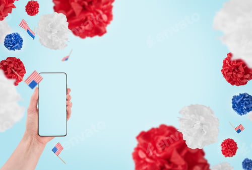 Preview: Female hand holding smartphone with blank screen for text or product background USA flag. Labor