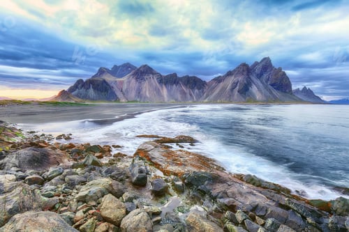 Preview: Dramatic black sand beach on Stokksnes cape in Iceland.