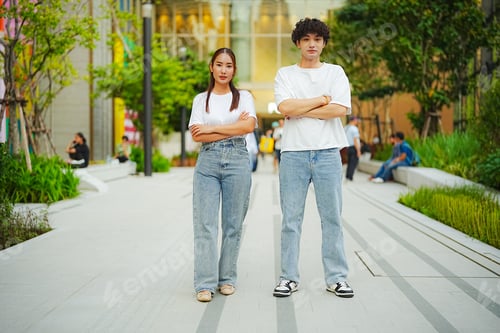Preview: Confident young asian couple posing with arms crossed in urban setting