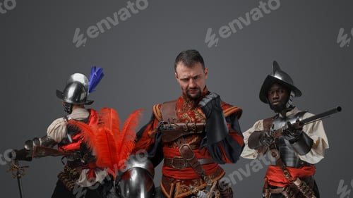 Preview: Handsome conquistador staring at camera with two guards
