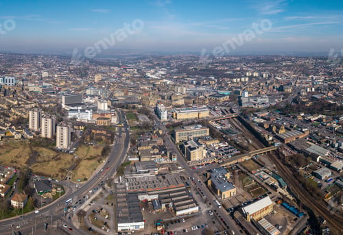 Preview: Aerial view above the West Yorkshire city centre of Bradford with Bradford Interchange prominent