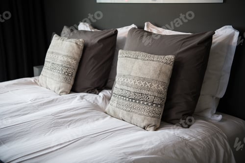 Preview: Gray color scheme pillows setting on bed with satin finished style bedding