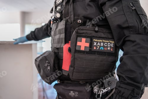 Preview: Paramedic wearing tactical vest with medical supplies intervening on emergency scene