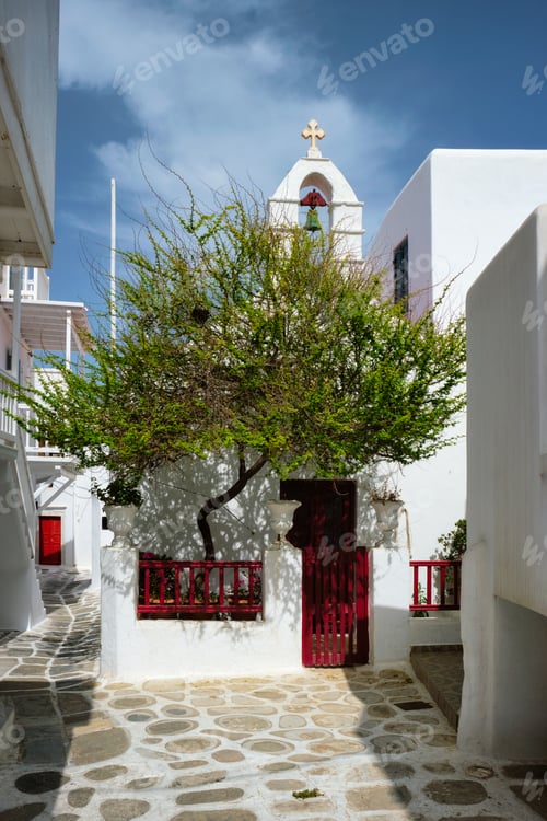 Preview: Greek Mykonos street on Mykonos island, Greece