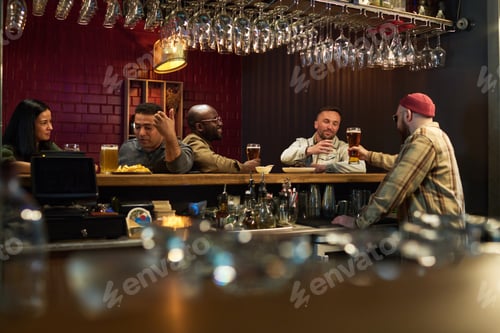 Preview: Group of young intercultural people standing by bar counter and chatting