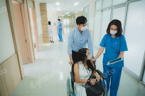 Preview: doctor medical team assistant patient who is sitting on wheelchair, explaining prescription