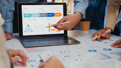 Preview: businesspeople meeting plan analysis statistics brainstorm and header of team hold laptop.