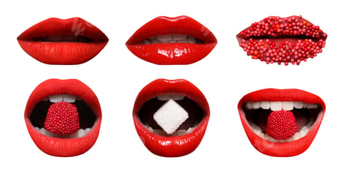 Preview: Beautiful female lips with bright makeup on white background, collage of photos