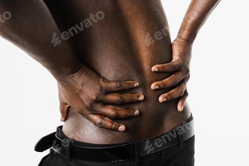 Preview: Scoliosis spine curvature, muscular African man, arthritis, neck pain, white background