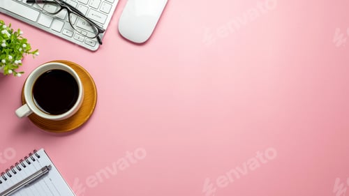 Preview: Pink workspace with work equipment.
