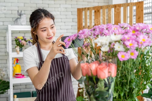 Preview: female florists Asians are arranging flowers for customer