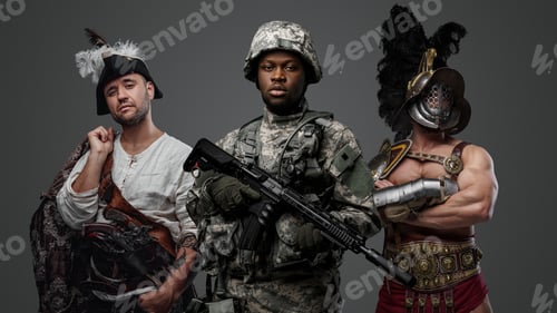 Preview: Black soldier with greek gladiator and caribbean pirate