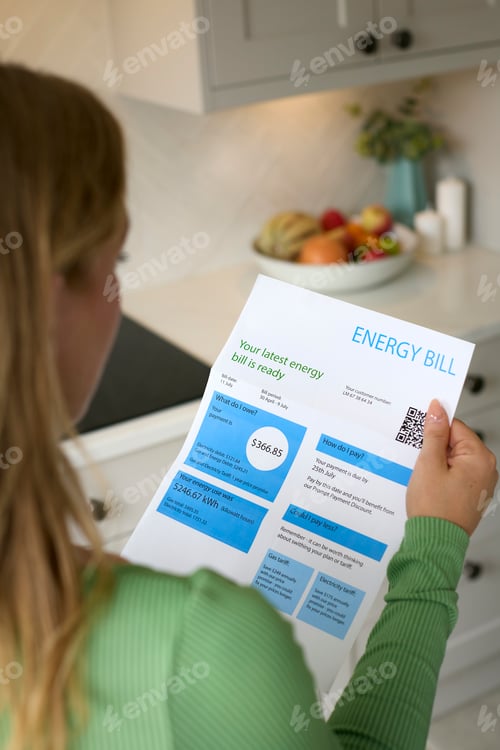 Preview: Close Up Of Woman Opening American Dollar Energy Bill During Cost Of Living Crisis