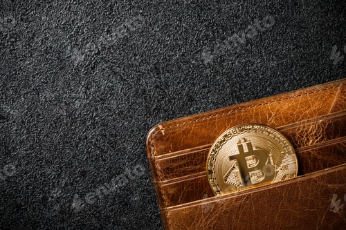 Preview: Bitcoin coin in wallet on black background