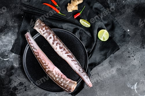 Preview: Raw king klip, congrio fish with cooking ingredients, lime, ginger chili pepper