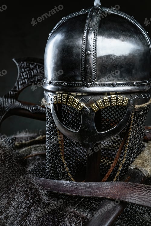 Preview: Studio shot of knight helmet around axe and fur