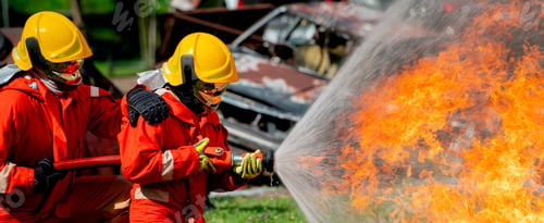 Preview: Close up shot two firefighters support to douse or quell fire using sprinkler and fire be controlled