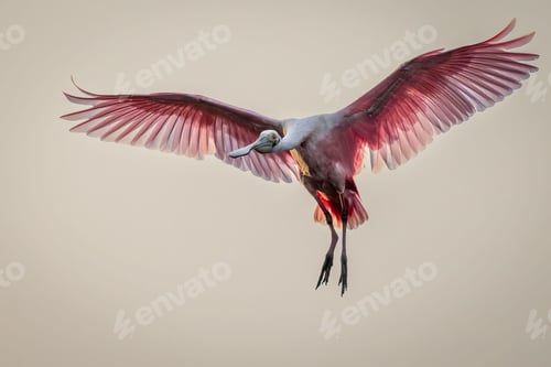 Preview: Roseate spoonbill is gliding gracefully through the air with its wings outstretched