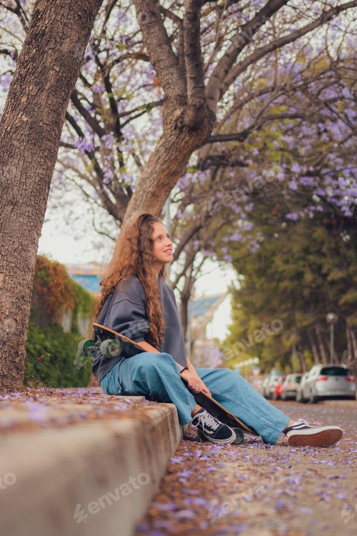 Preview: Young woman with a skateboard is sitting on the sidewalk of a street