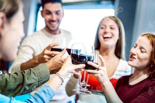 Preview: Young multicultural friends drinking and toasting red wine at home party