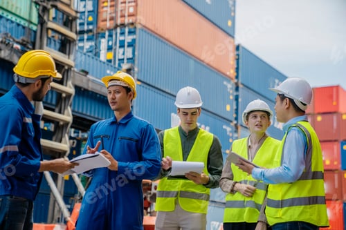 Preview: Foremans are discussing for stack container at cargo site logistics service transportation.