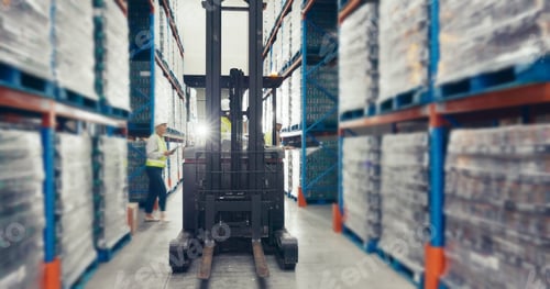 Preview: Forklift, warehouse and storage with supply chain, packing and people for inventory, shipping or di