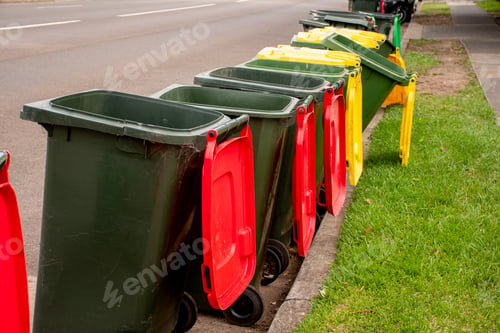 Preview: Australian garbage wheelie bins with colourful lids for general and recycling waste on the street