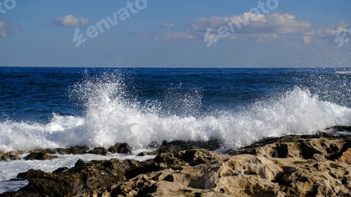 Preview: Blue sea wave and white foam and splash.