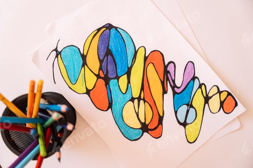 Preview: Neurographic drawing colored with colored pencils on white paper