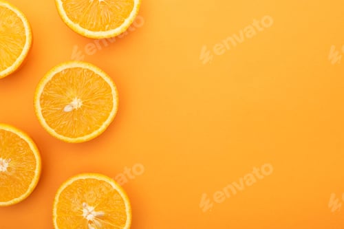 Preview: top view of ripe juicy orange slices on colorful background with copy space