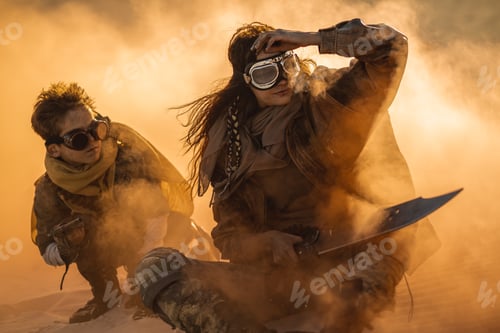 Preview: Post apocalyptic Woman and Boy Outdoors in a Wasteland