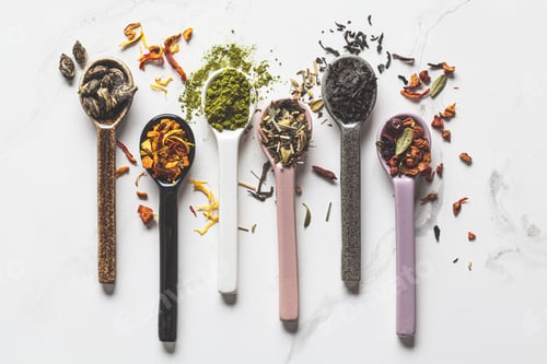 Preview: Various types of dry tea in spoons