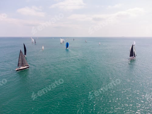 Preview: Aerial view of sailing yachts regatta race on sea near Varna in Bulgaria, Black sea