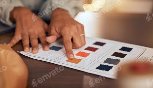 Preview: Fabric, swatch and fashion with hands of designer for planning, manufacturing and creative idea in