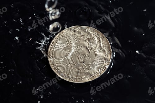 Preview: Cryptocurrency coins on a dark background. Rain drops on coins.