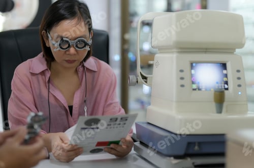 Preview: Young woman checking her eyesight and choosing glasses