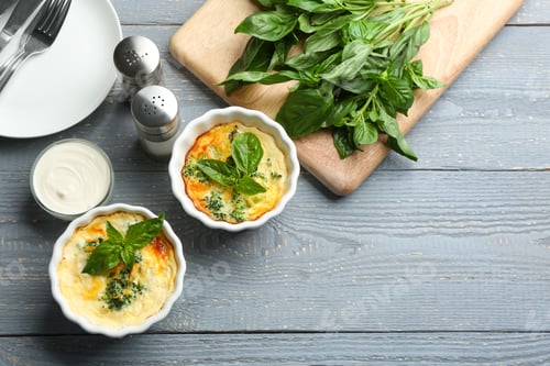 Preview: Tasty broccoli casserole in ramekins on wooden table, flat lay. Space for text