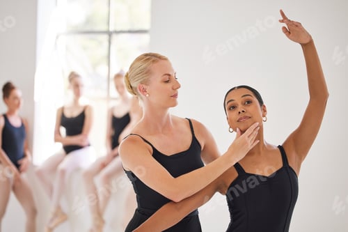 Preview: Creative, art and ballet dancers performing a unique dance with support in a school. Team of fit, e
