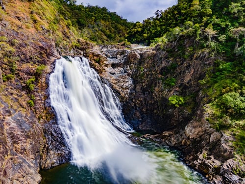 Preview: a waterfall flowing over a lush green hillside next to a forest: Wujal Wujal Falls