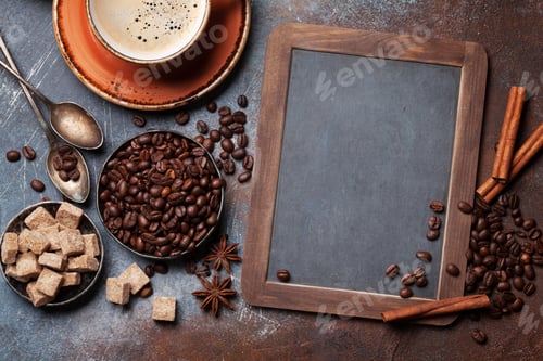 Preview: Coffee cup, beans and sugar