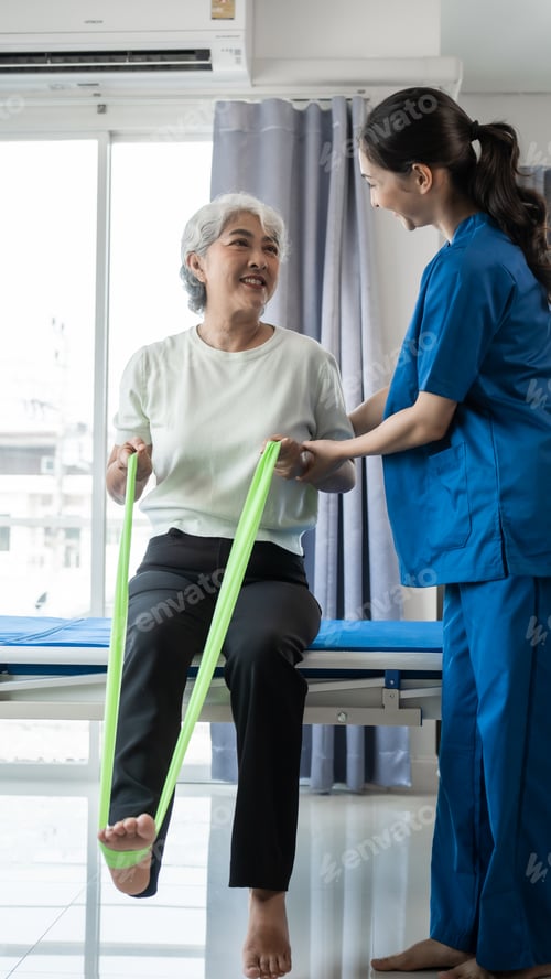Preview: Asian senior care nurses and grandmothers provide caring support to elderly women