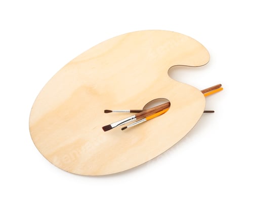Preview: Wooden palette and brushes isolated on white, top view