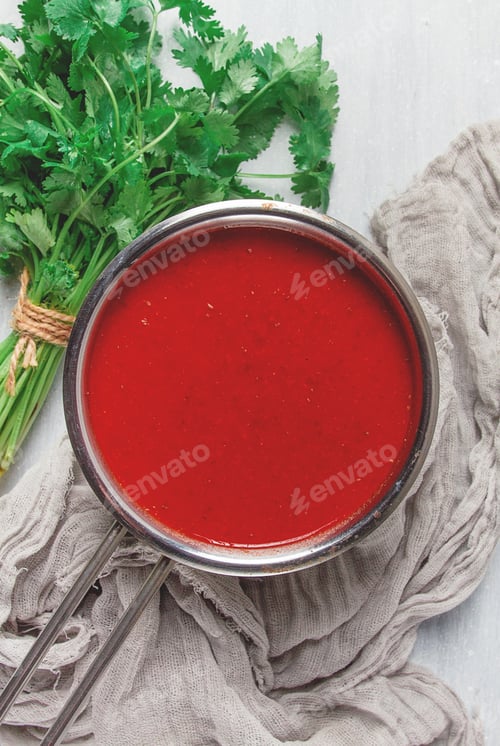Preview: Tomato sauce with pepper and spices, Satsebeli, Georgian cuisine, red sauce, top view, homemade,