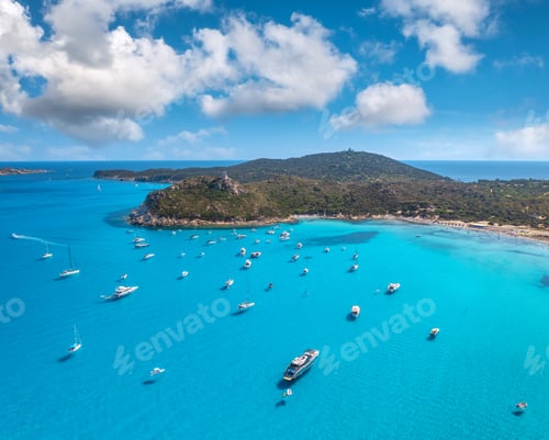 Preview: Aerial view of luxury yachts on blue sea at sunny day in summer