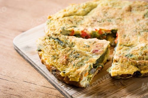 Preview: Sliced omelette with vegetables resting on wooden cutting board