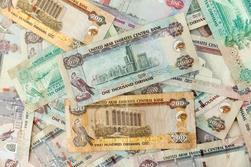 Preview: UAE dirhams, different banknotes. Banknotes of two hundred, one thousand, two hundred, ten. Top view