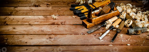 Preview: Working tool on wood with sawdust.