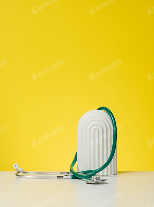 Preview: Green medical stethoscope on yellow background